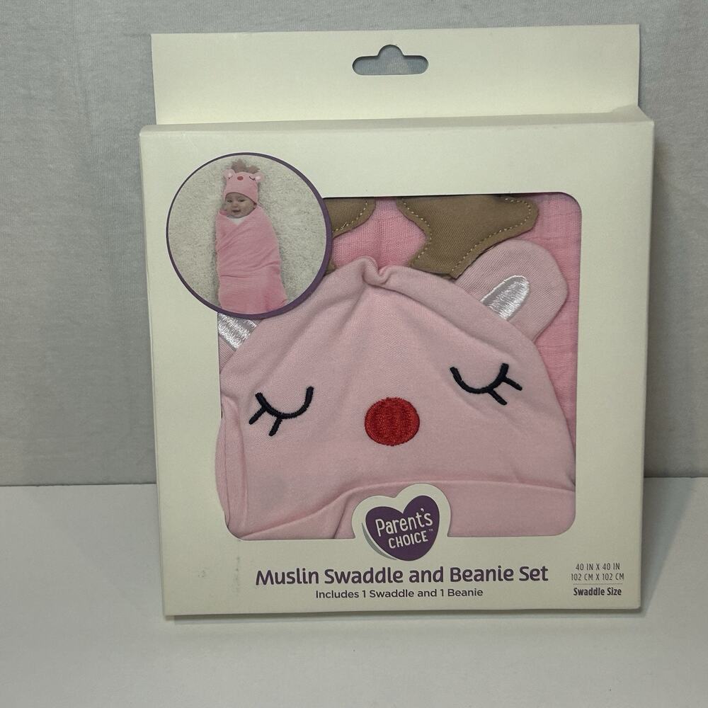 Parents Choice Muslin Swaddle and Beanie Pink Cotton Reindeer Set For Babies